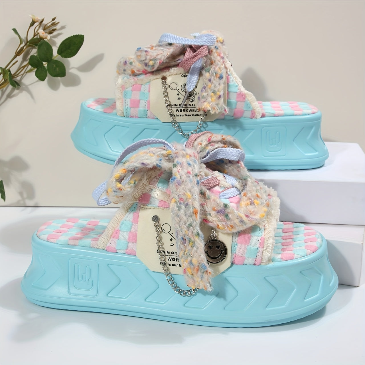 Women's Cute Thick Sole Slide Sandals - Spring/Summer 2025 Collection, Pastel Checkered Design with Bowknot, Open Toe, Fabric Upper & Rubber Sole, Comfortable Outdoor Wear, Casual Sandals | Bowknot Detail | Soft Strap Sandals
